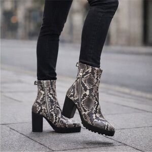 All Saints Snake-Print Platform Block Heel Ankle Boots - Black/Gray/Cream NWOB